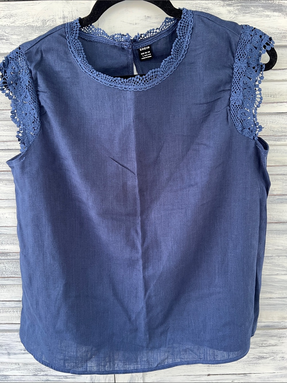 Never worn SHEIN Navy Crochet-Trim Cap Sleeve Top Size L